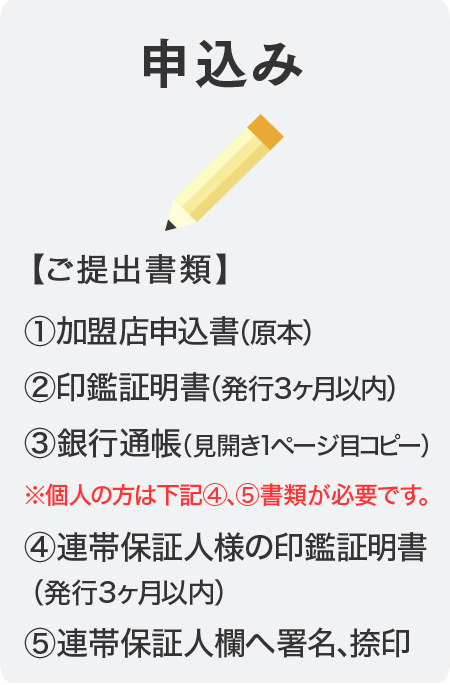 申込み／【ご提出書類】①加盟店申込書（原本）②Famiパス申込書（原本）③登記簿謄本（原本）